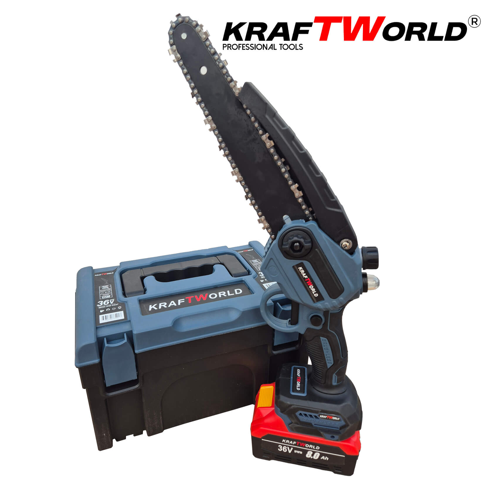 Резачка за Клони KraftWorld с 2 Батерии 36V 8А с Автоматично Омасляване и Две Вериги ГРАДИНСКИ Резачка за Клони KraftWorld с 2 Батерии 36V 8А с Автоматично Омасляване и Две Вериги - Image 2