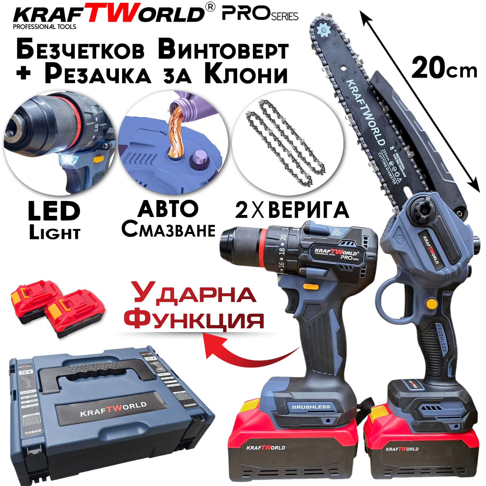KraftWorld 2в1 Акумулаторен Комплект – Ударен Винтоверт и Мини Резачка с 2 Батерии АКУМУЛАТОРНИ KraftWorld 2в1 Акумулаторен Комплект – Ударен Винтоверт и Мини Резачка с 2 Батерии