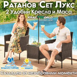 Луксозен Ратанов Комплект 2 Кресла и Маса Kraftworld Garden два стола и маса – UV и водоустойчиви МЕБЕЛИ Луксозен Ратанов Комплект 2 Кресла и Маса Kraftworld Garden два стола и маса - UV и водоустойчиви