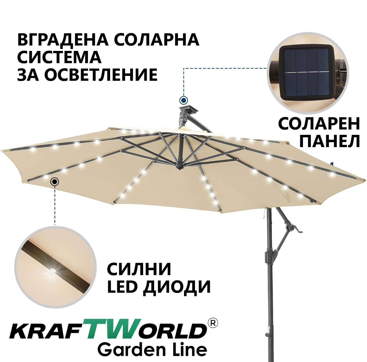 Луксозен чадър за градина Monaco | Висящ модел 3×3 м | Бежов | LED осветление | KraftWorld БАСЕЙНИ И ДЖАКУЗИТА Луксозен чадър за градина Monaco | Висящ модел 3x3 м | Бежов | LED осветление | KraftWorld - Image 12