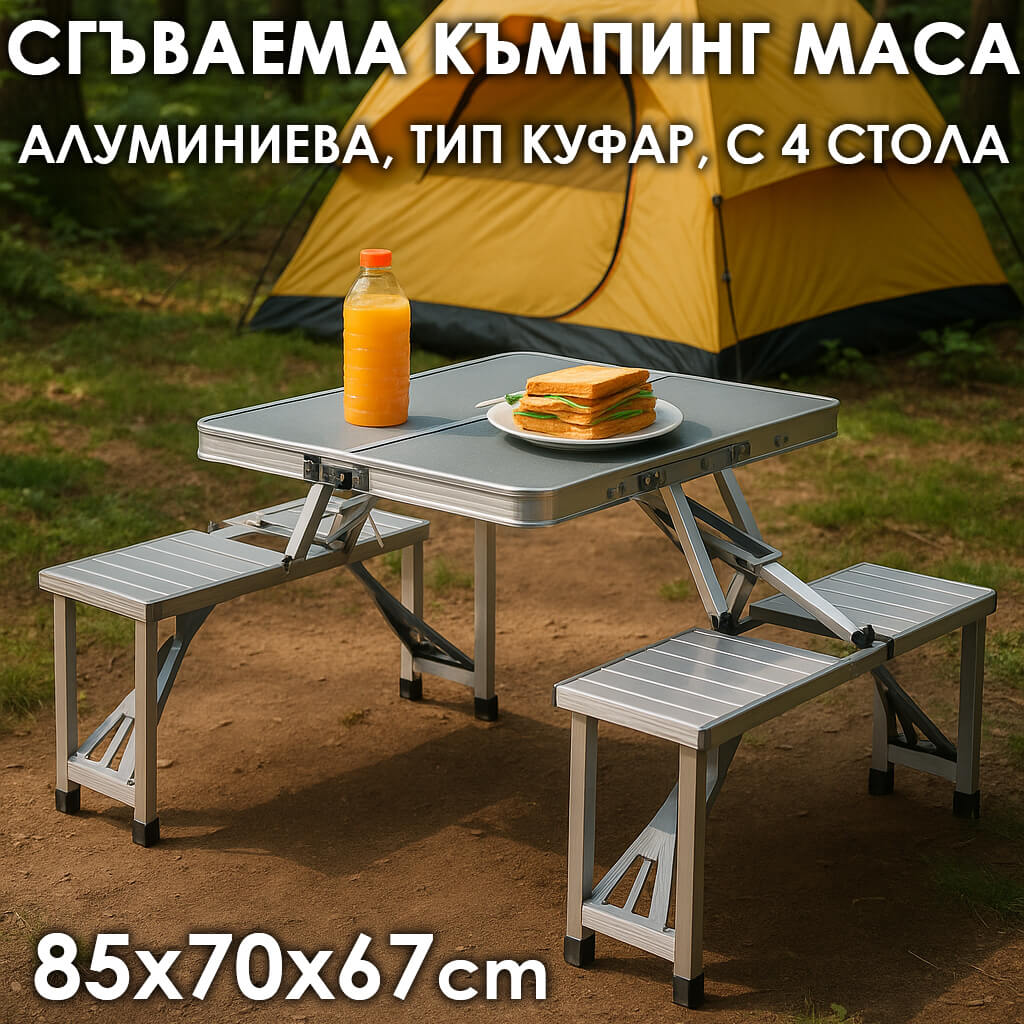 Сгъваема Къмпинг Маса с 4 Стола за пикник – компактна и устойчива до 100кг ЗА ДОМА Сгъваема Къмпинг Маса с 4 Стола за пикник – компактна и устойчива до 100кг