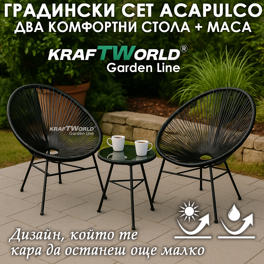 Комплект Градински Мебели в Черно – 2 Стола и Маса Acapulco – за градина или балкон ГРАДИНСКИ МЕБЕЛИ Комплект Градински Мебели в Черно - 2 Стола и Маса Acapulco - за градина или балкон